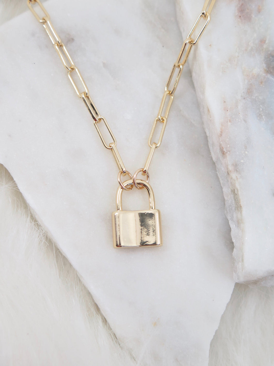 Padlock Gold Paperclip Chain Necklace