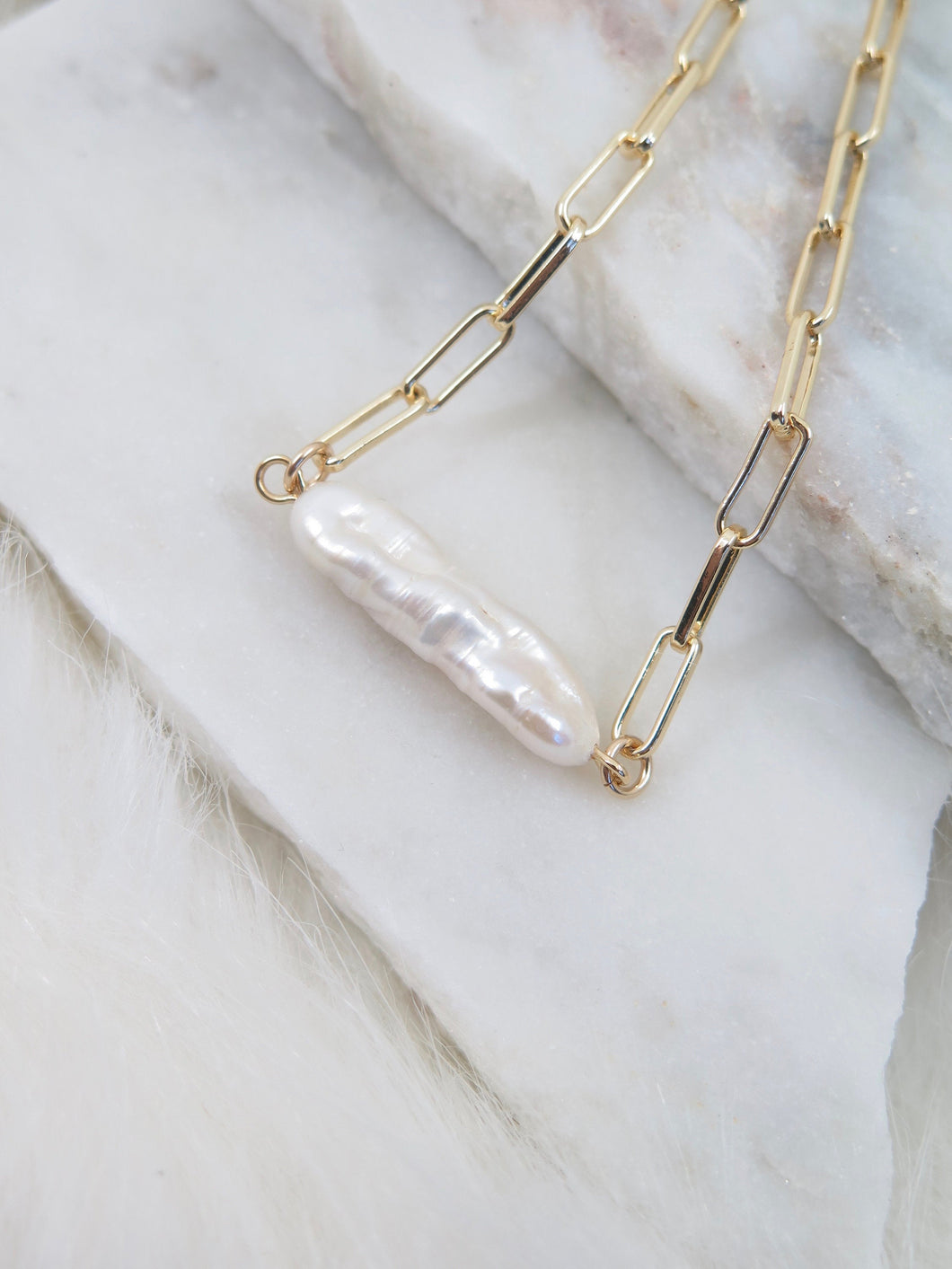 Long Pearl Paperclip Chain Necklace